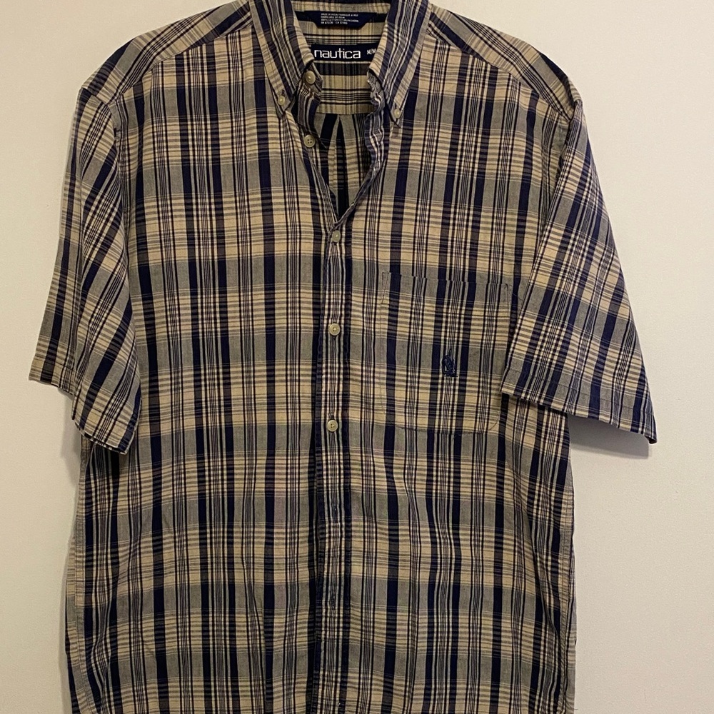 Nautica Men’s Short-Sleeve Plaid Button-Down Shirt - Navy & Tan